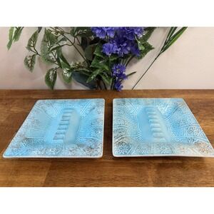 Vintage Italian MCM Turquoise Ceramic Ashtrays Textured Geometric Starburst‎